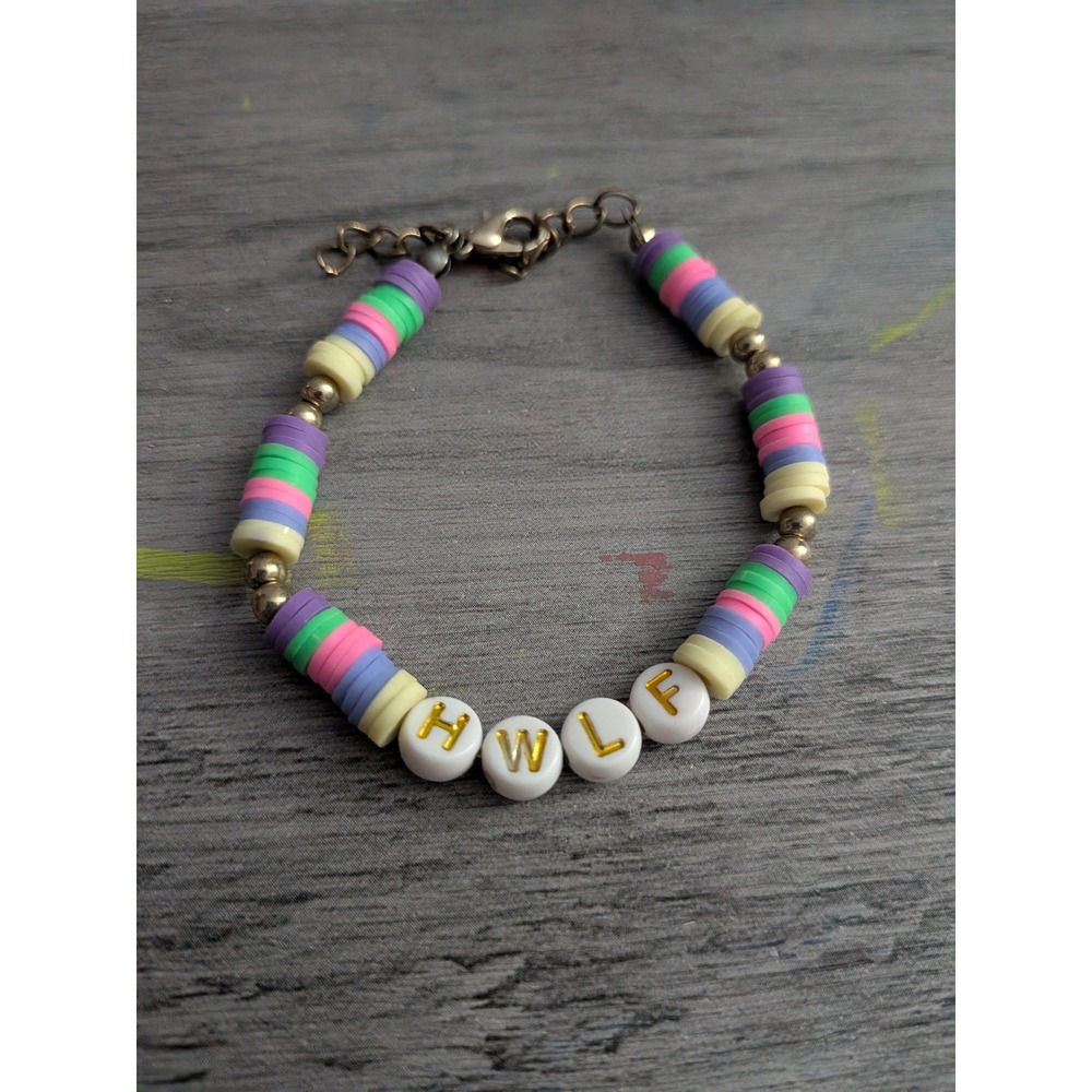 Handmade HWLF Beaded Bracelet Pastel Neon Clay Disc Gold Tone Lobster Clasp
